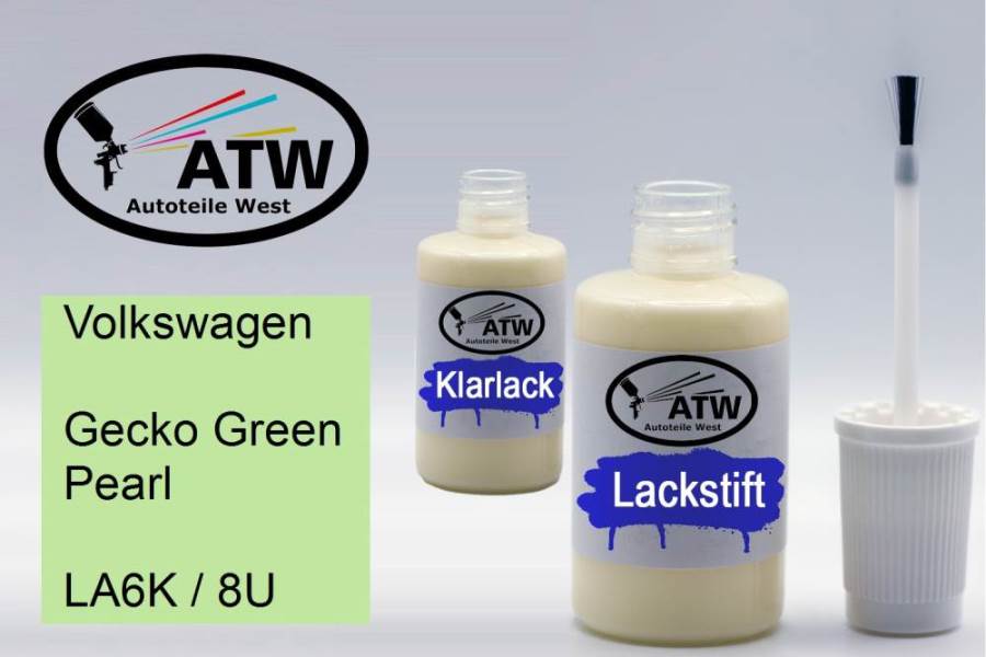 Volkswagen, Gecko Green Pearl, LA6K / 8U: 20ml Lackstift + 20ml Klarlack - Set, von ATW Autoteile West.